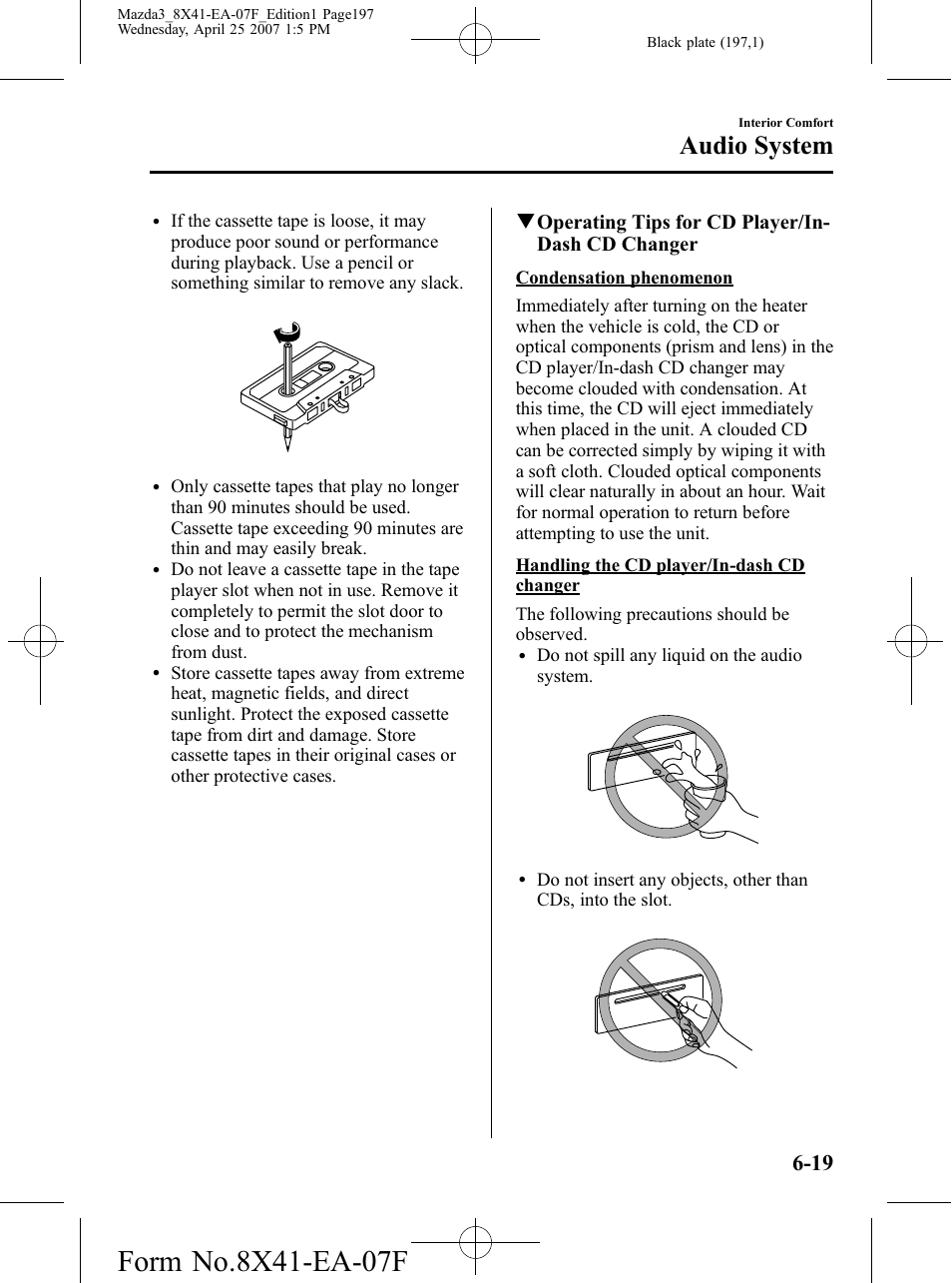 Audio system, Qoperating tips for cd player/in- dash cd changer | Mazda 2008 SPEED3 User Manual | Page 197 / 394