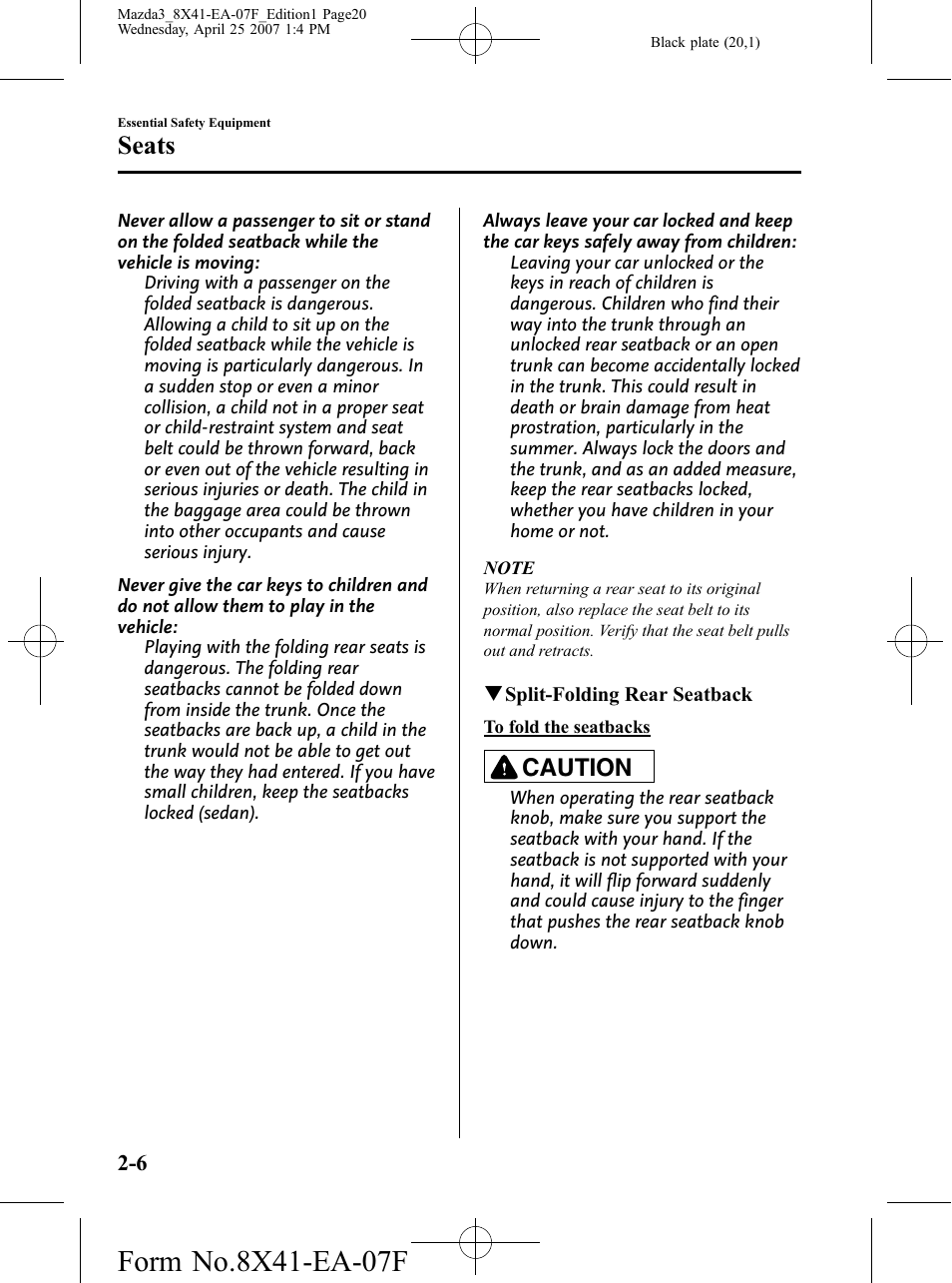 Seats, Caution | Mazda 2008 SPEED3 User Manual | Page 20 / 394