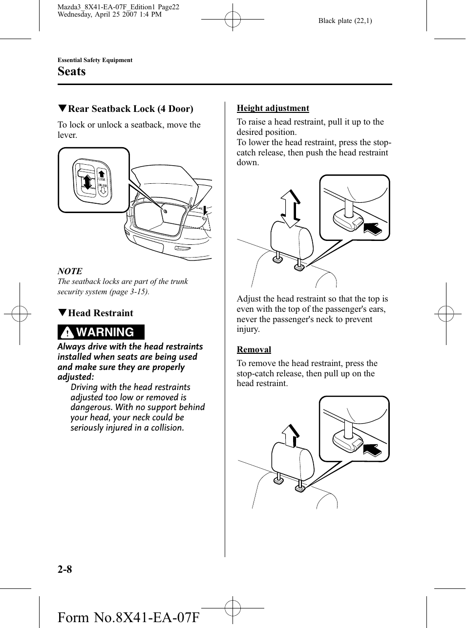Seats, Warning | Mazda 2008 SPEED3 User Manual | Page 22 / 394