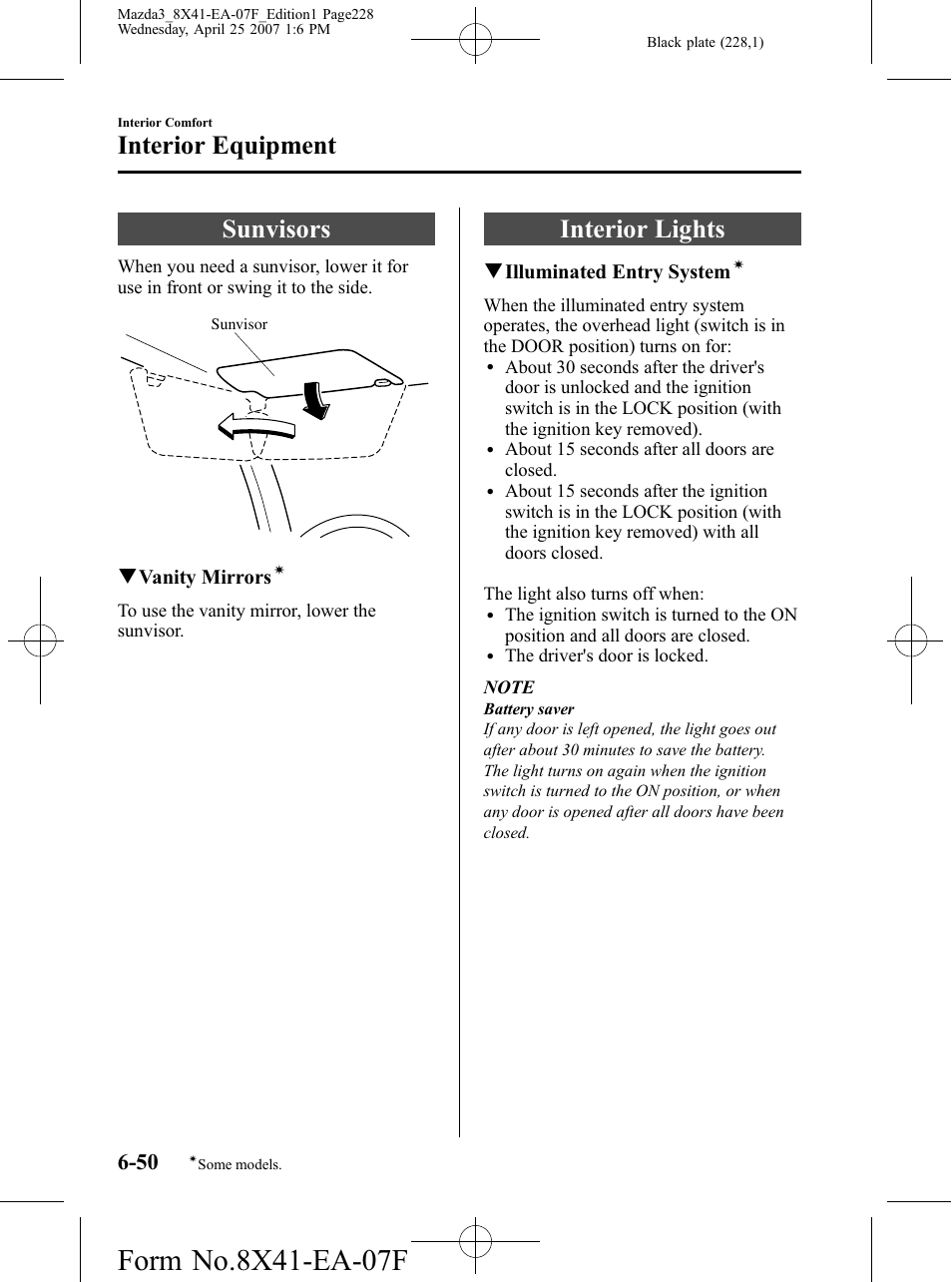 Interior equipment, Sunvisors, Interior lights | Interior equipment -50, Sunvisors -50 interior lights -50 | Mazda 2008 SPEED3 User Manual | Page 228 / 394