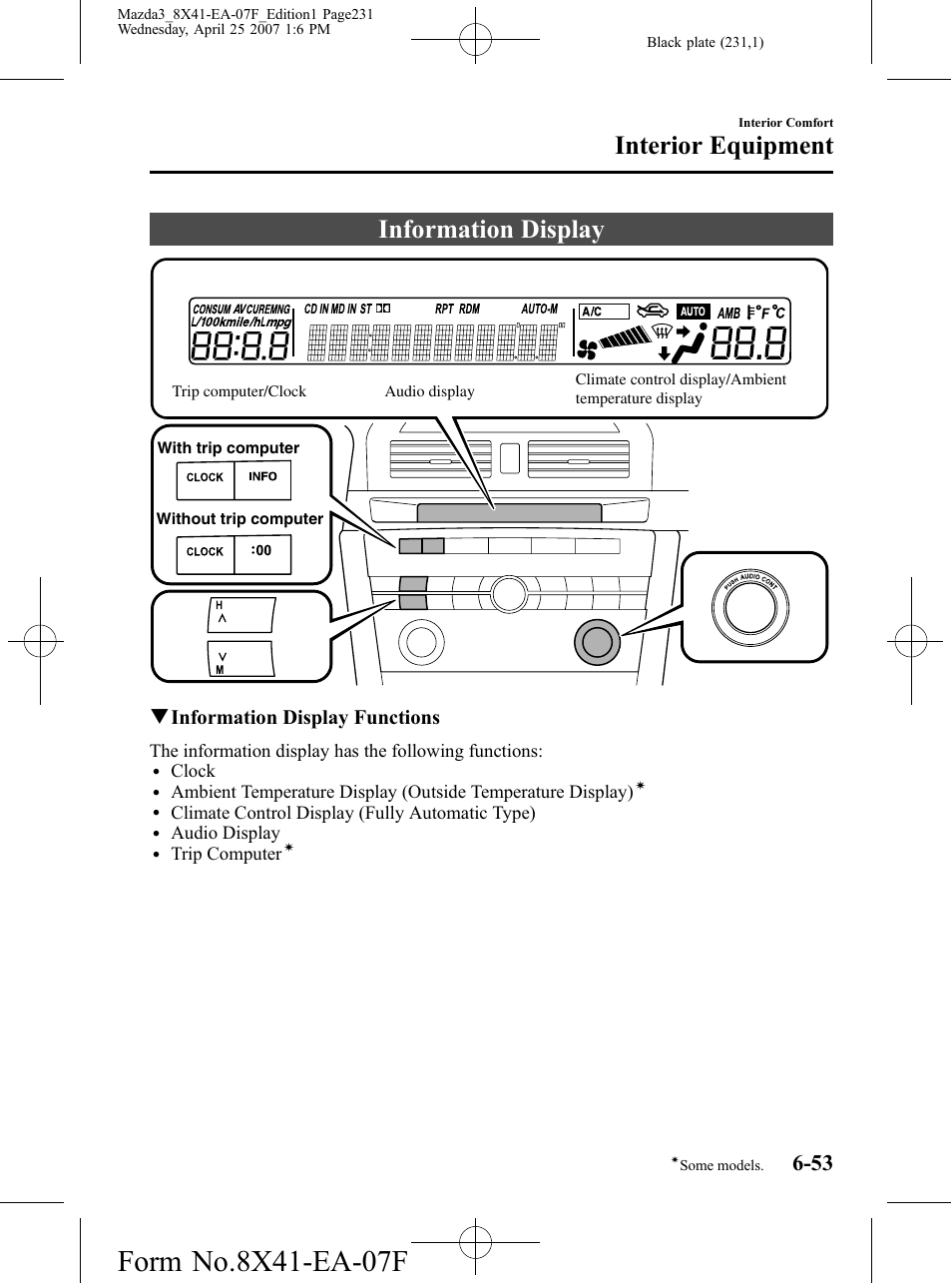 Information display, Information display -53, Interior equipment | Qinformation display functions | Mazda 2008 SPEED3 User Manual | Page 231 / 394