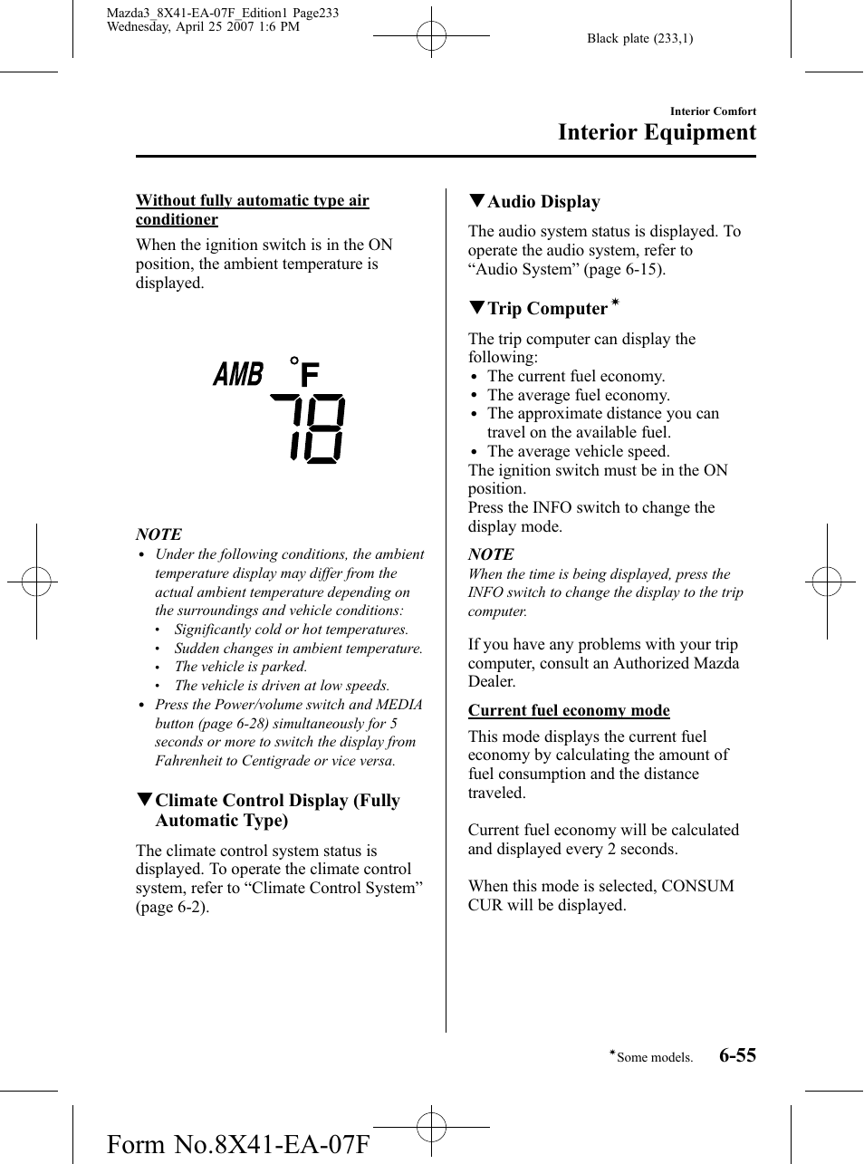 Interior equipment, Qclimate control display (fully automatic type), Qaudio display | Qtrip computer | Mazda 2008 SPEED3 User Manual | Page 233 / 394