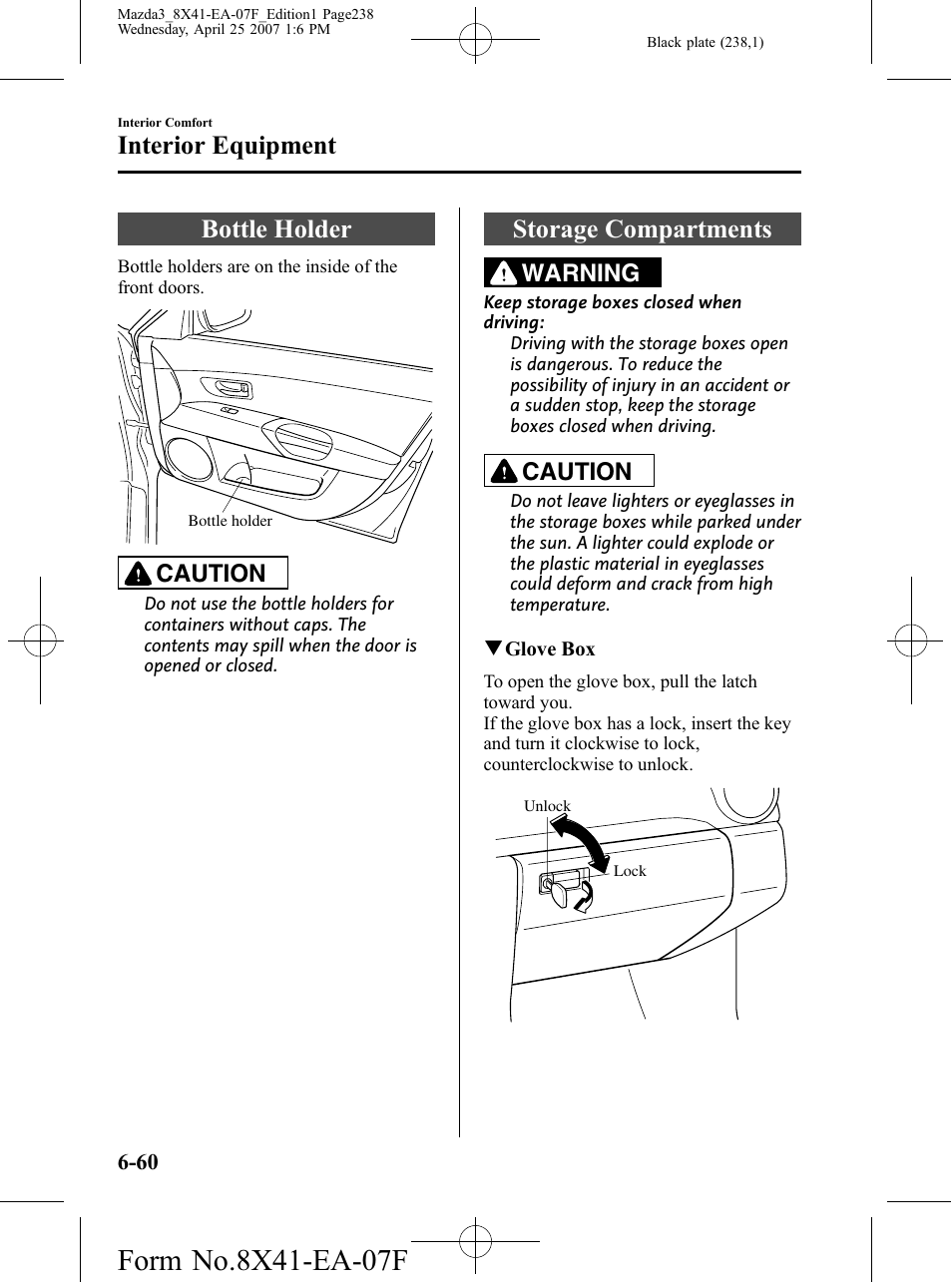 Bottle holder, Storage compartments, Bottle holder -60 storage compartments -60 | Interior equipment, Caution, Warning | Mazda 2008 SPEED3 User Manual | Page 238 / 394
