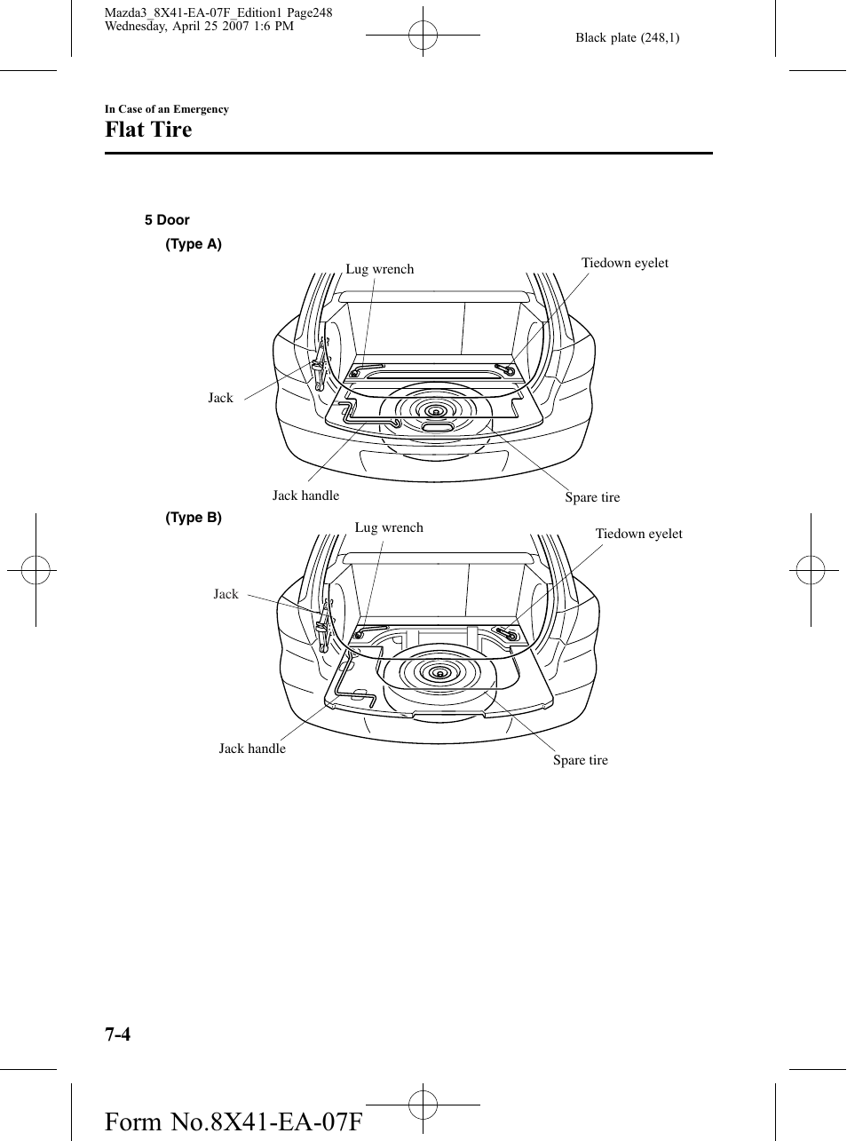 Flat tire | Mazda 2008 SPEED3 User Manual | Page 248 / 394
