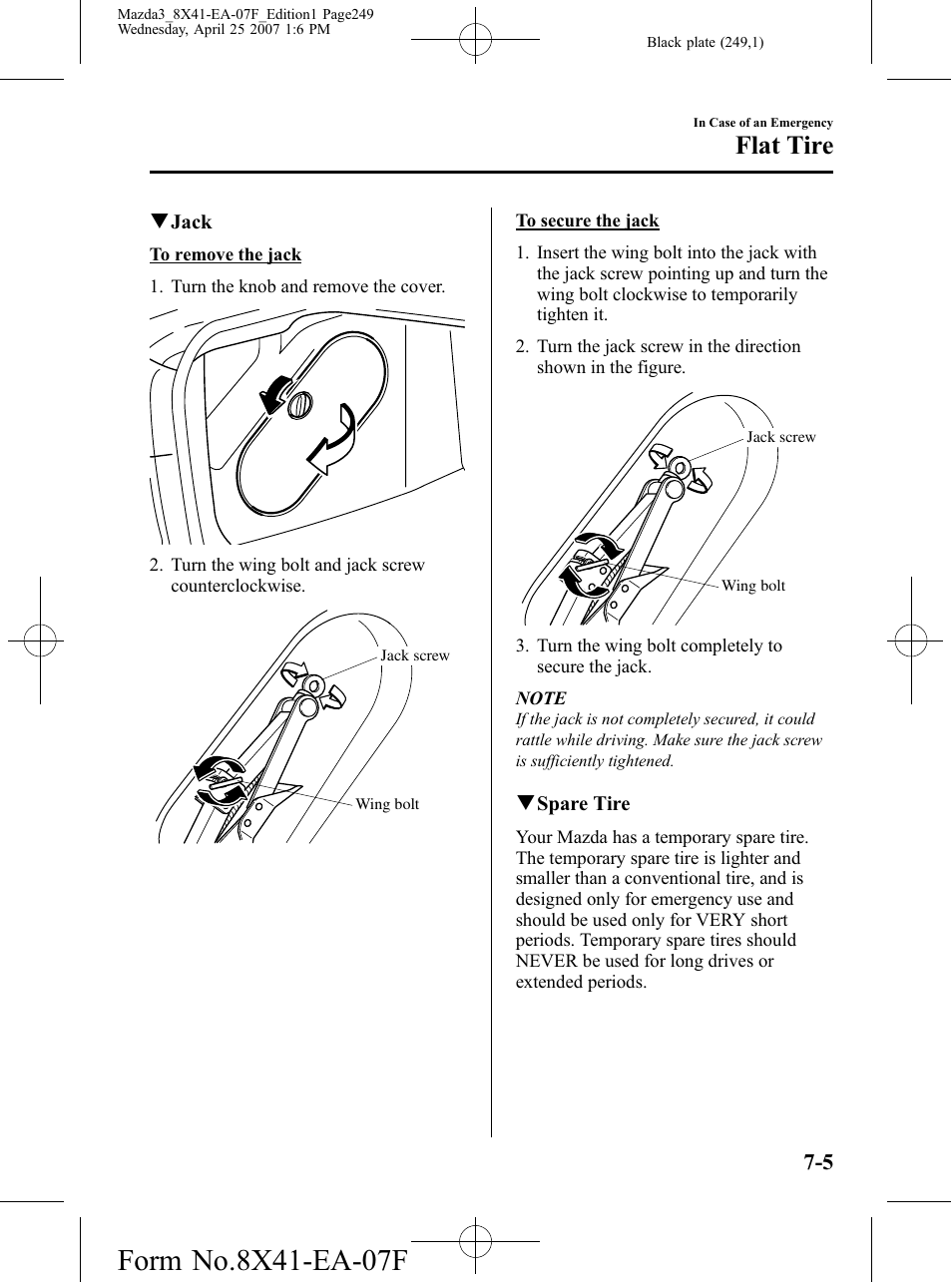 Flat tire | Mazda 2008 SPEED3 User Manual | Page 249 / 394