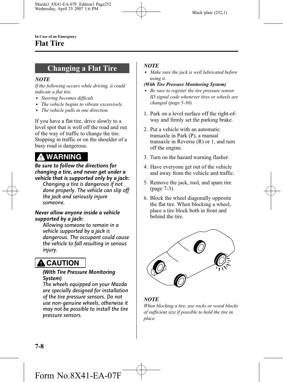 Changing a flat tire, Changing a flat tire -8, Flat tire | Warning, Caution | Mazda 2008 SPEED3 User Manual | Page 252 / 394