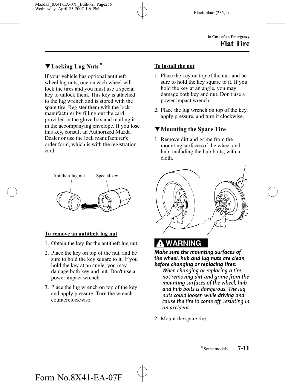 Flat tire, Warning | Mazda 2008 SPEED3 User Manual | Page 255 / 394