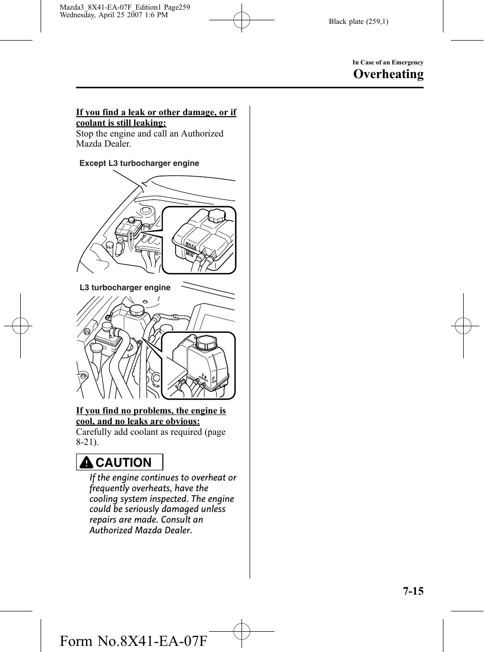 Overheating, Caution | Mazda 2008 SPEED3 User Manual | Page 259 / 394