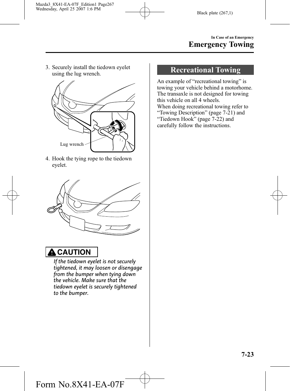 Recreational towing, Recreational towing -23, Emergency towing | Caution | Mazda 2008 SPEED3 User Manual | Page 267 / 394