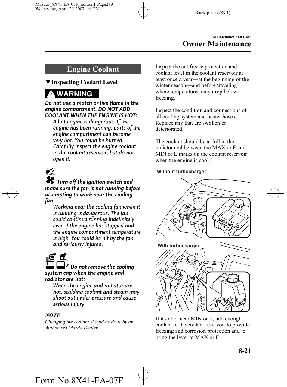 Engine coolant, Engine coolant -21, Owner maintenance | Warning | Mazda 2008 SPEED3 User Manual | Page 289 / 394