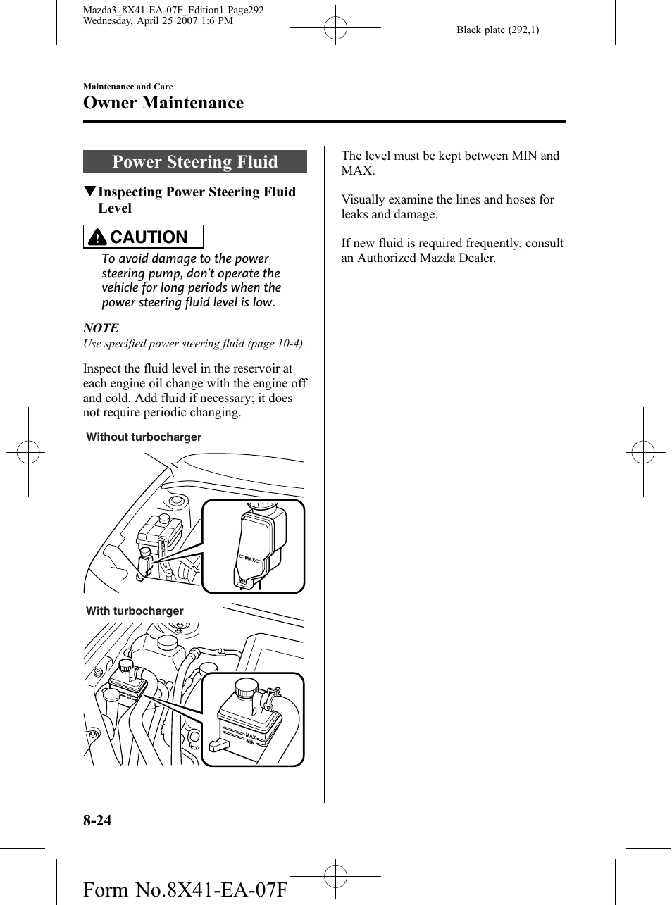 Power steering fluid, Power steering fluid -24, Owner maintenance | Caution | Mazda 2008 SPEED3 User Manual | Page 292 / 394