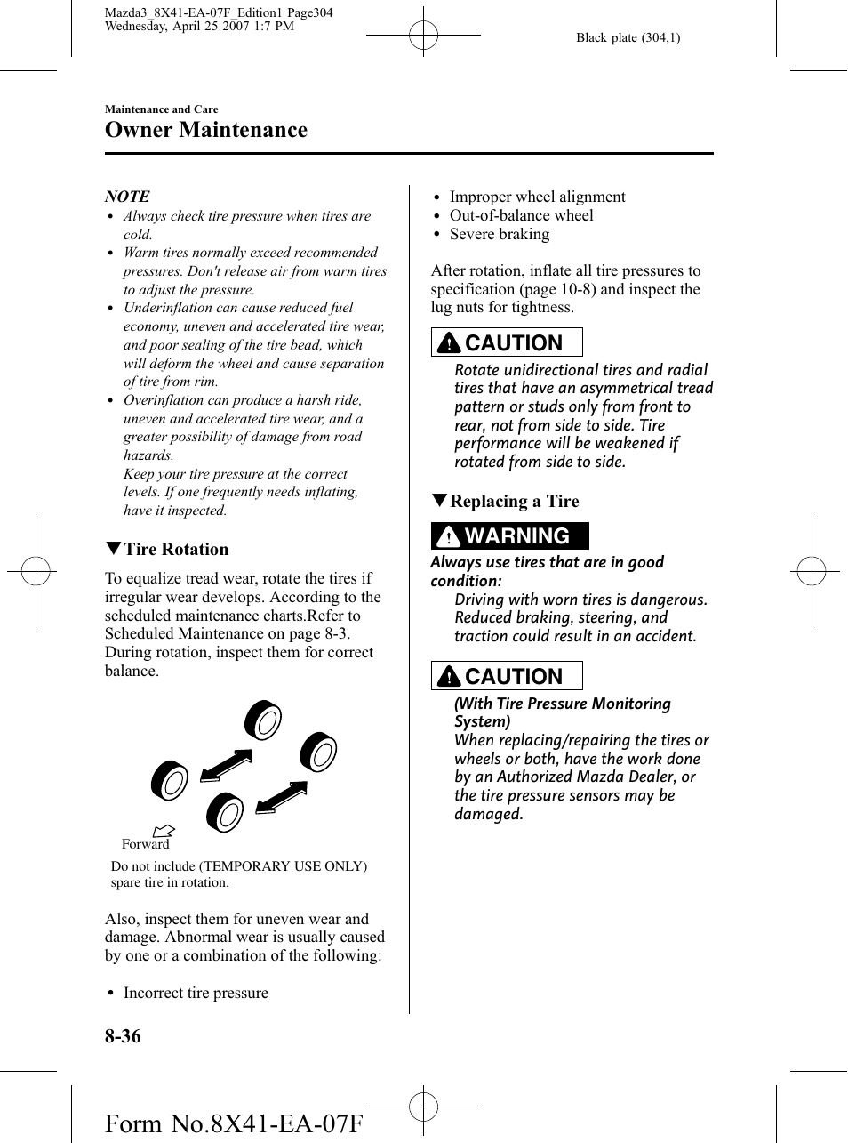 Owner maintenance, Caution, Warning | Mazda 2008 SPEED3 User Manual | Page 304 / 394