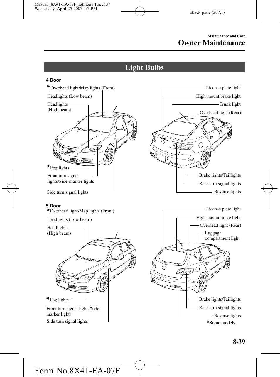 Light bulbs, Light bulbs -39, Owner maintenance | Mazda 2008 SPEED3 User Manual | Page 307 / 394