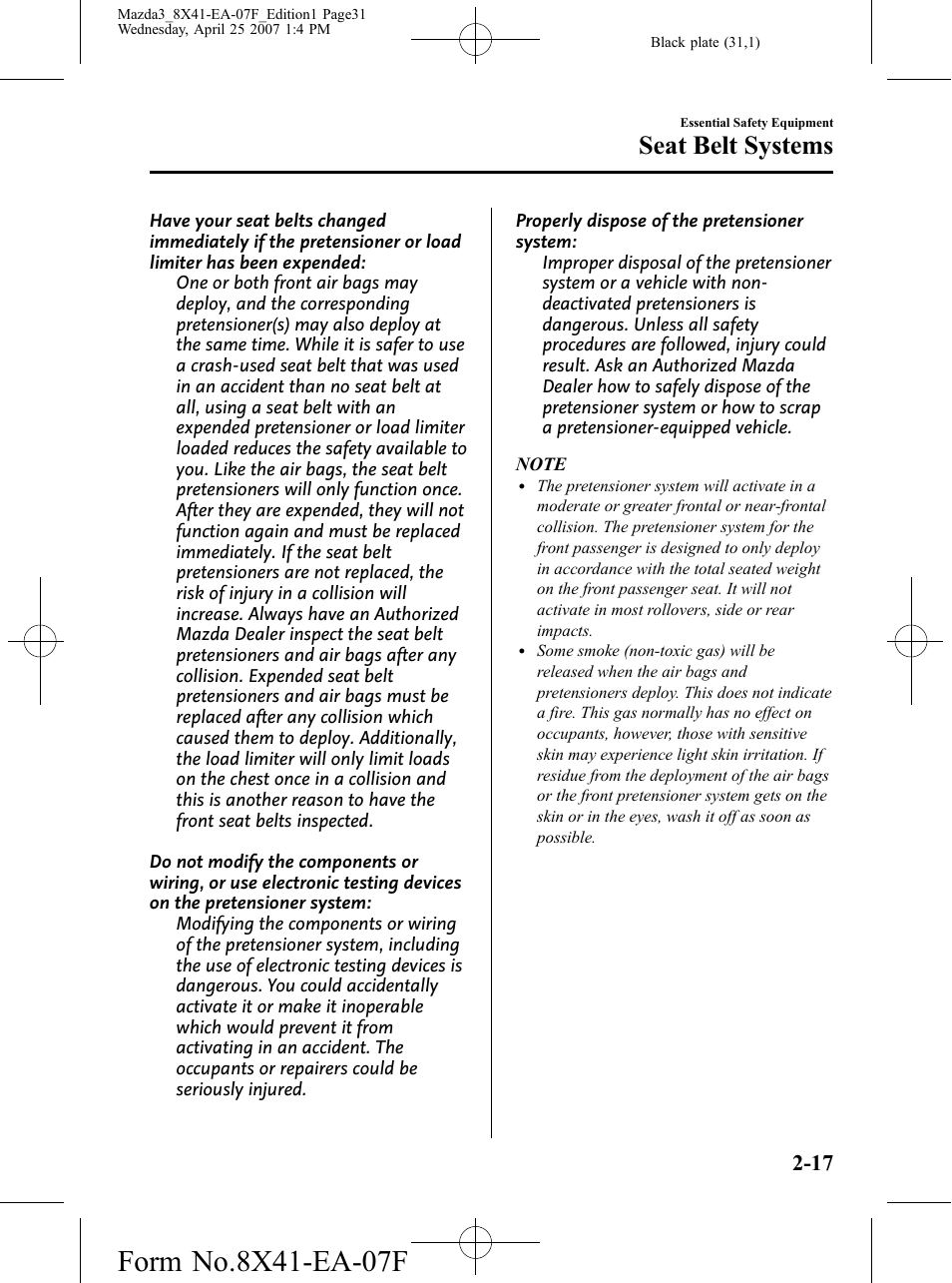 Seat belt systems | Mazda 2008 SPEED3 User Manual | Page 31 / 394