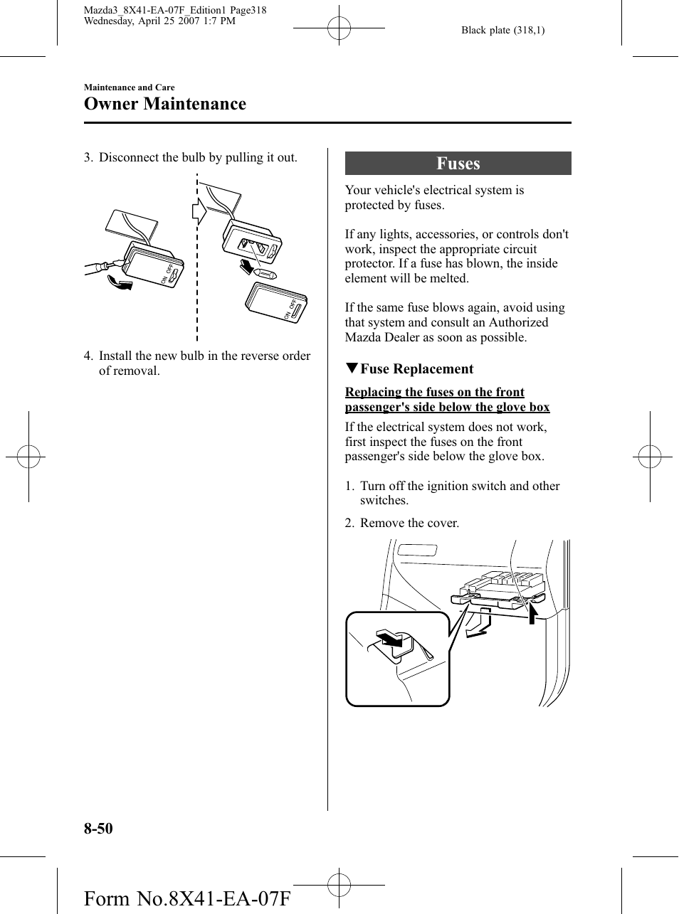 Fuses, Fuses -50, Owner maintenance | Mazda 2008 SPEED3 User Manual | Page 318 / 394