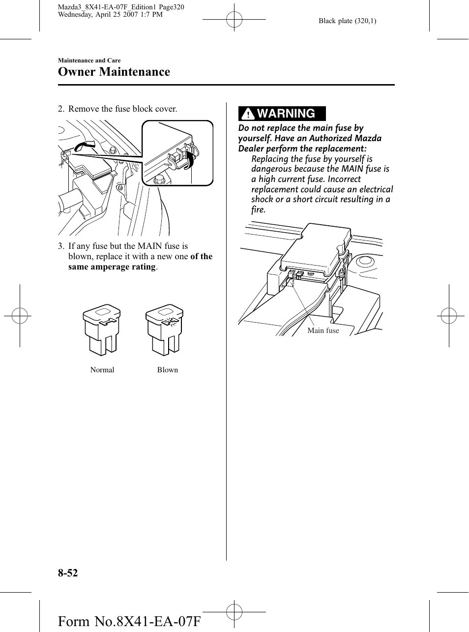 Owner maintenance, Warning | Mazda 2008 SPEED3 User Manual | Page 320 / 394