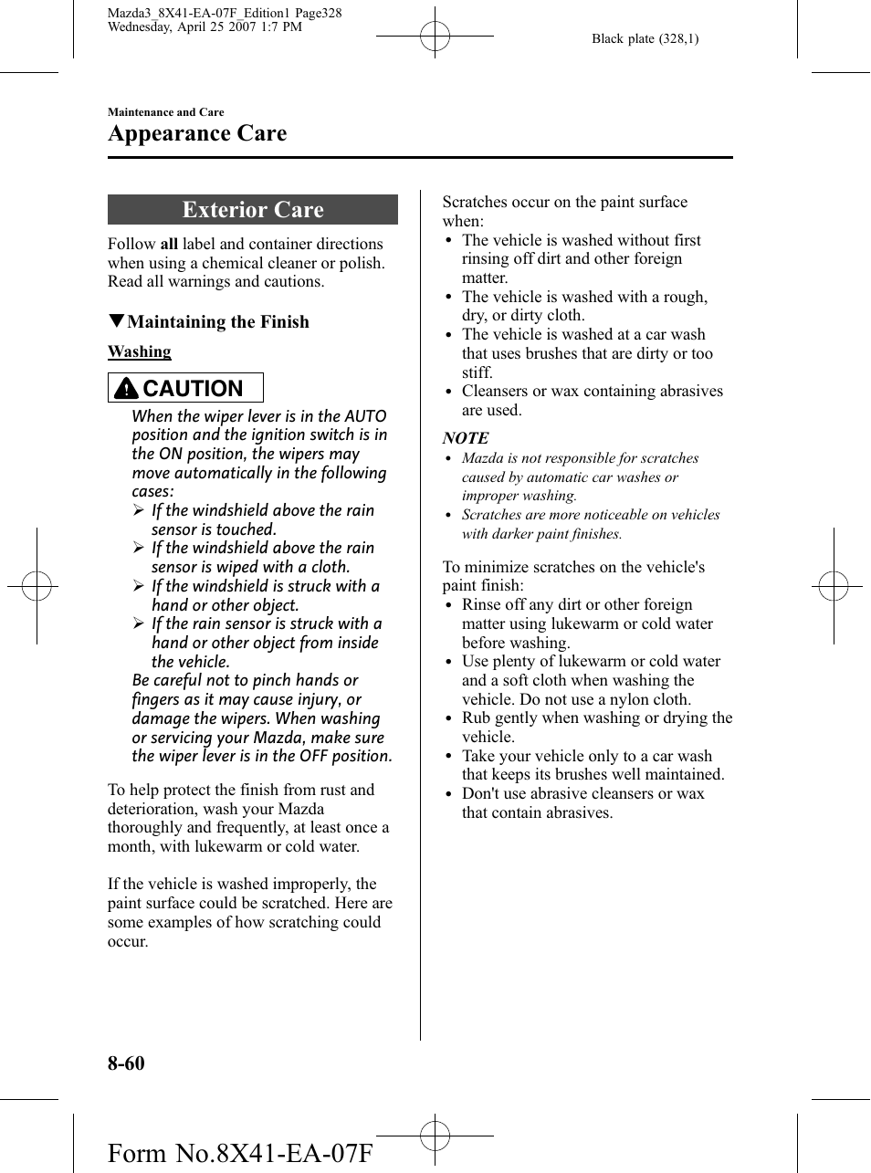 Exterior care, Exterior care -60, Appearance care | Caution, Qmaintaining the finish | Mazda 2008 SPEED3 User Manual | Page 328 / 394