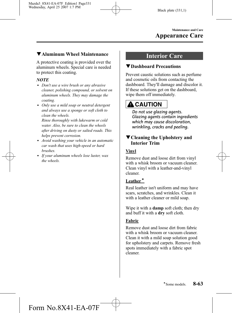 Interior care, Interior care -63, Appearance care | Caution | Mazda 2008 SPEED3 User Manual | Page 331 / 394