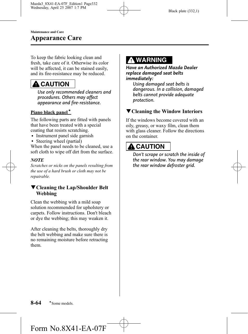 Appearance care, Caution, Warning | Mazda 2008 SPEED3 User Manual | Page 332 / 394