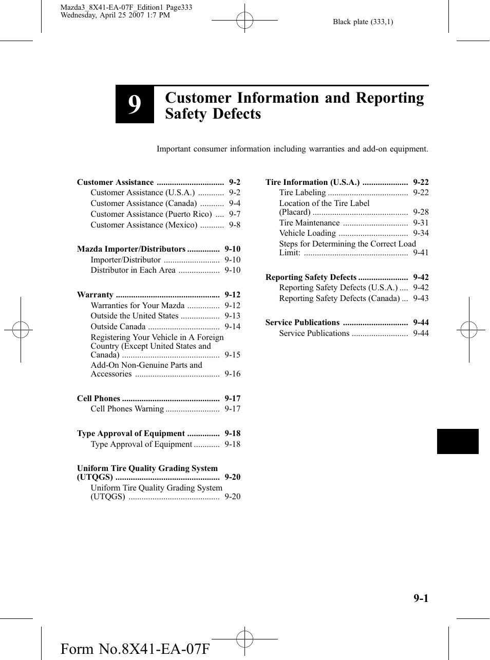 Customer information and reporting safety defects | Mazda 2008 SPEED3 User Manual | Page 333 / 394