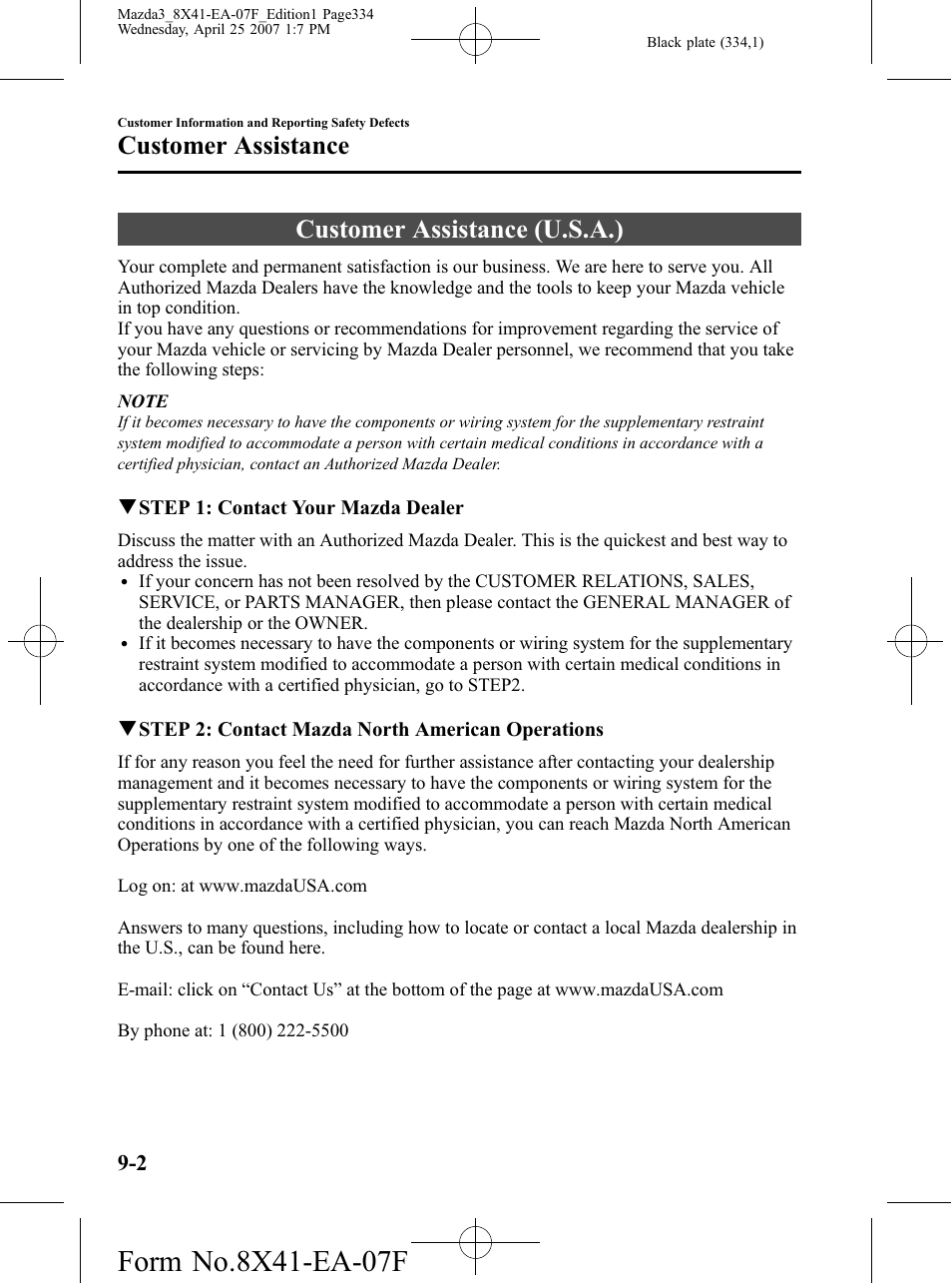 Customer assistance, Customer assistance (u.s.a.), Customer assistance -2 | Customer assistance (u.s.a.) -2 | Mazda 2008 SPEED3 User Manual | Page 334 / 394