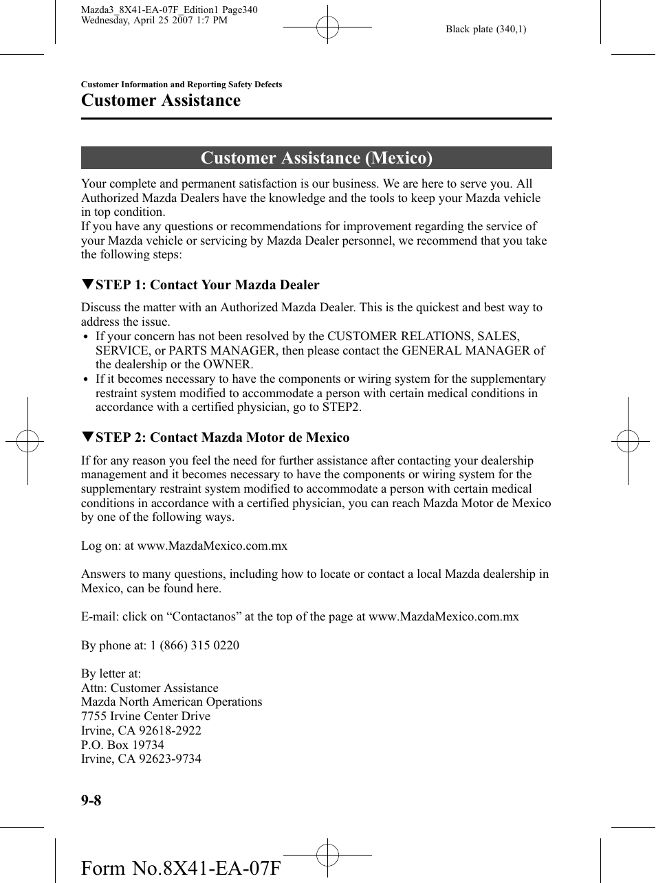 Customer assistance (mexico), Customer assistance (mexico) -8, Customer assistance | Mazda 2008 SPEED3 User Manual | Page 340 / 394