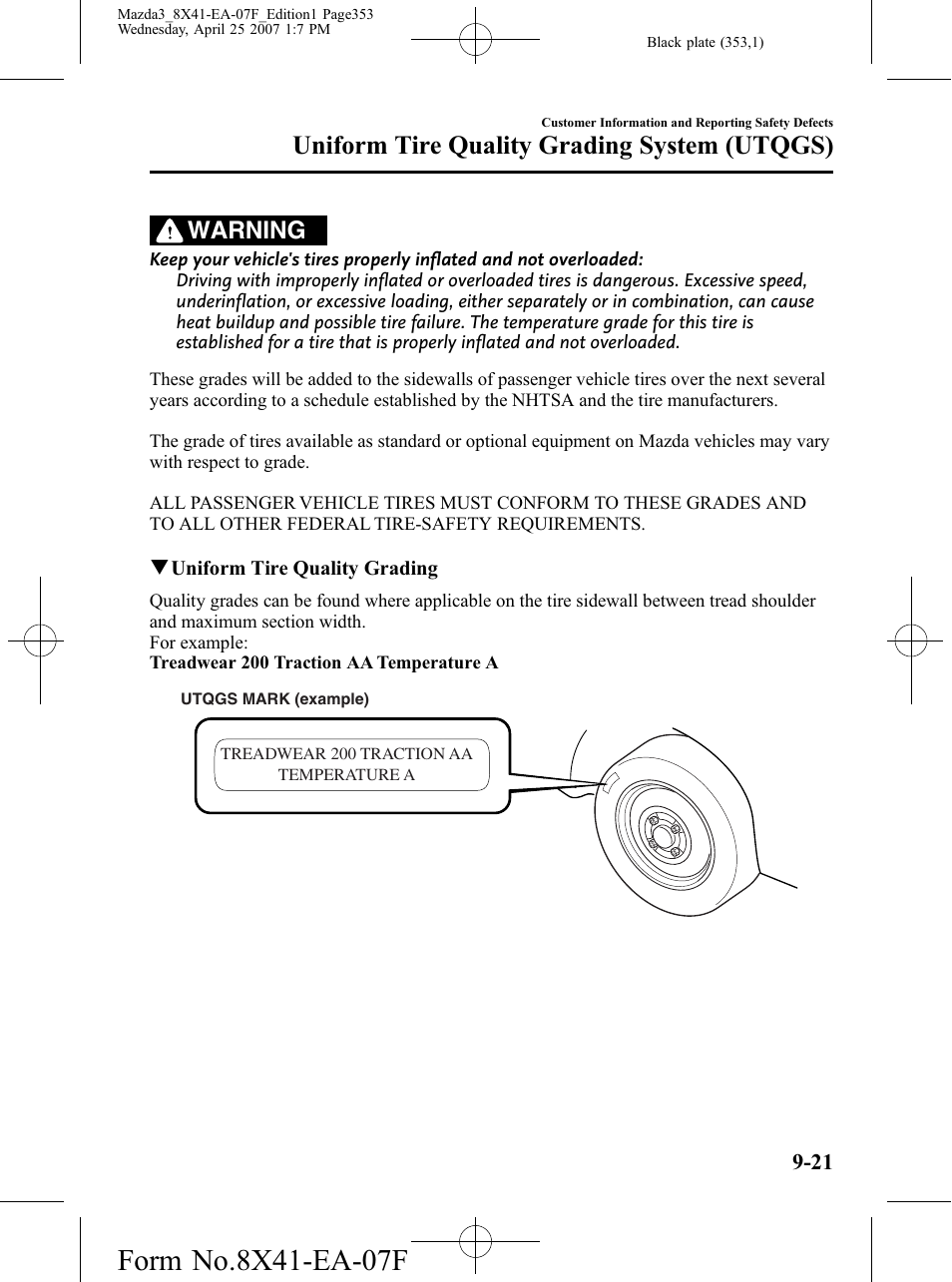 Uniform tire quality grading system (utqgs), Warning | Mazda 2008 SPEED3 User Manual | Page 353 / 394