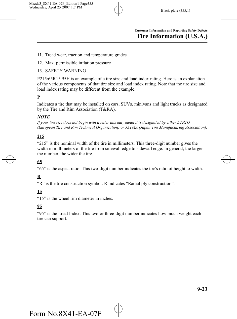 Tire information (u.s.a.) | Mazda 2008 SPEED3 User Manual | Page 355 / 394