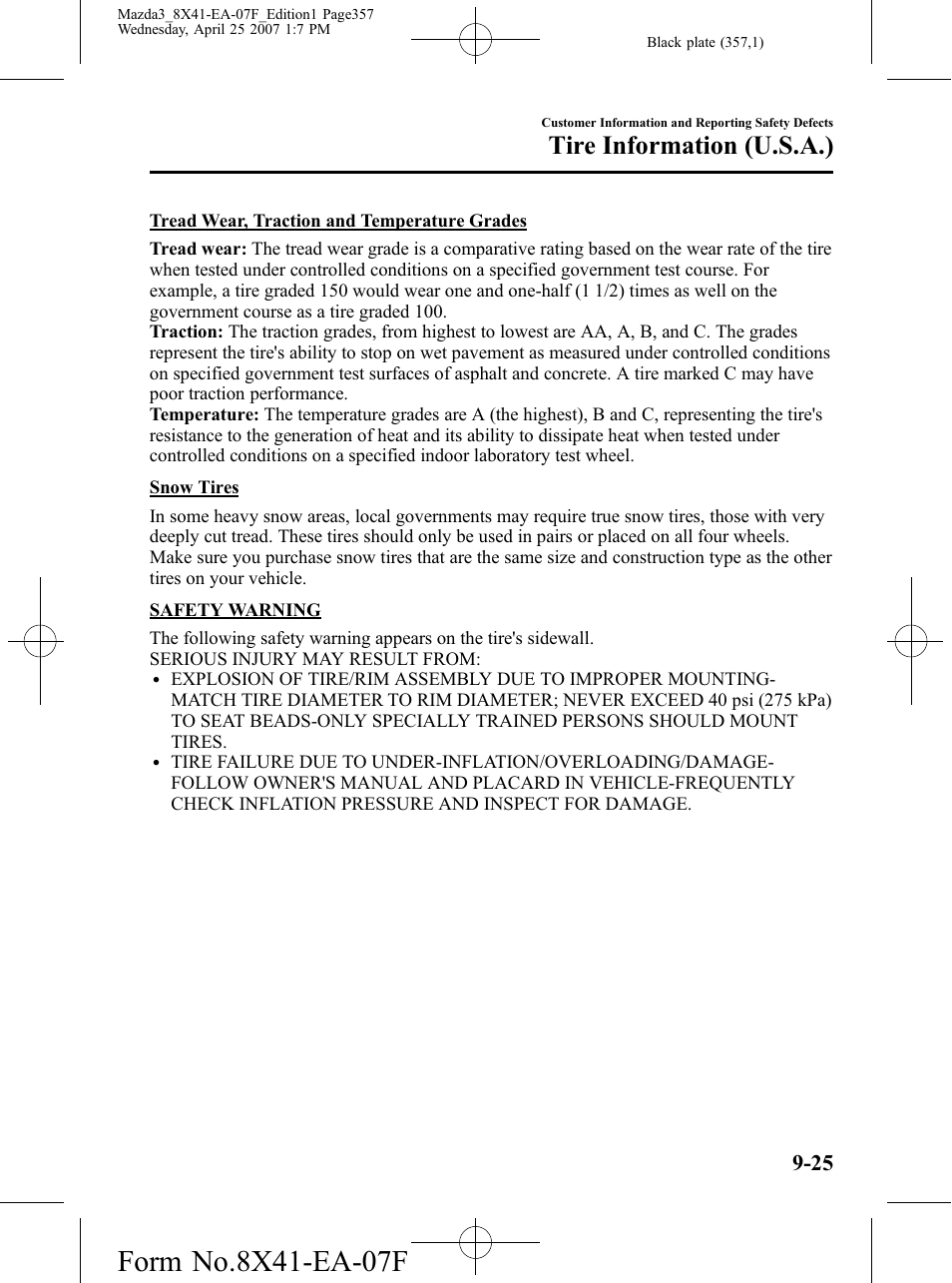Tire information (u.s.a.) | Mazda 2008 SPEED3 User Manual | Page 357 / 394