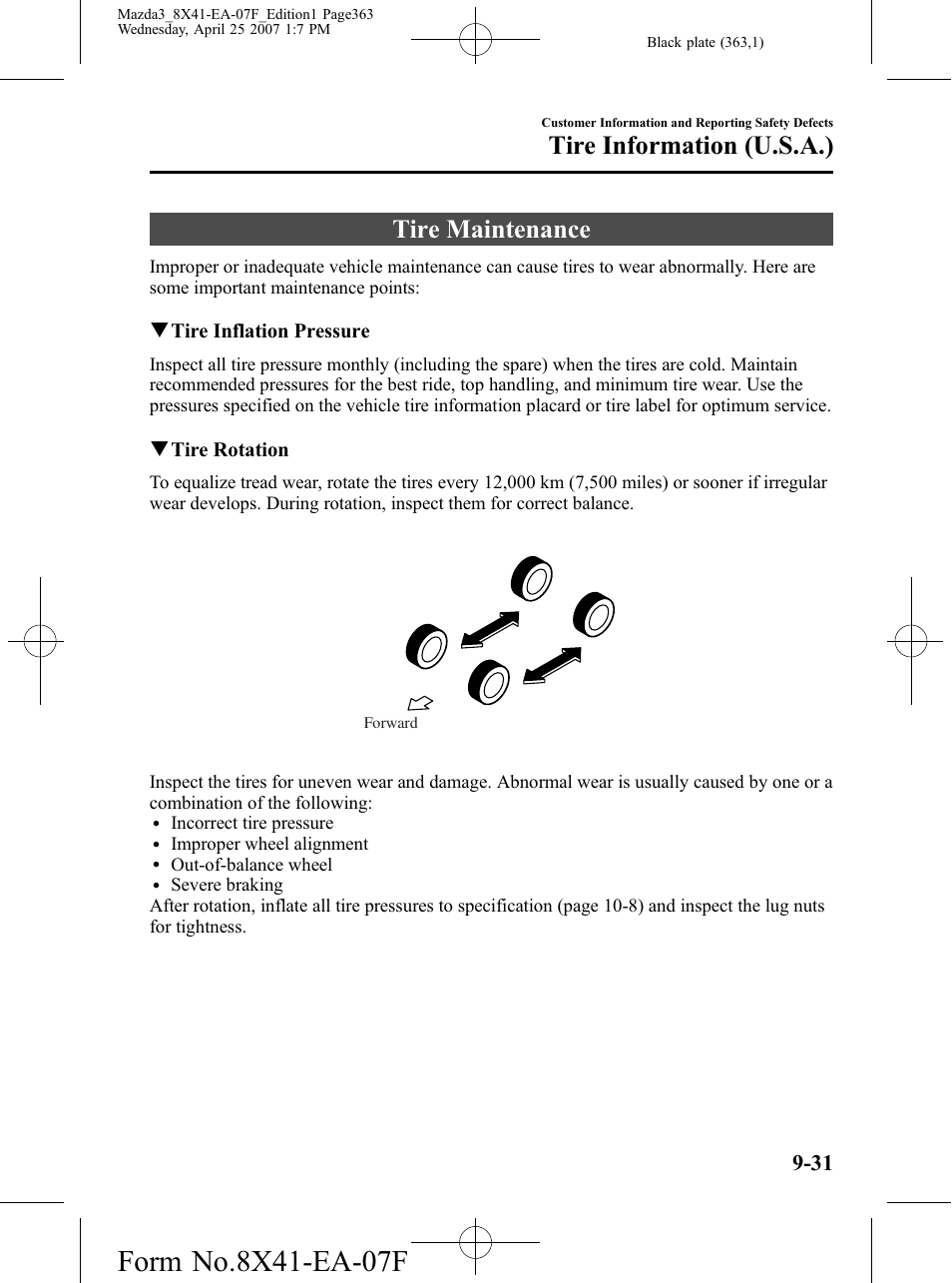 Tire maintenance, Tire maintenance -31, Tire information (u.s.a.) | Mazda 2008 SPEED3 User Manual | Page 363 / 394