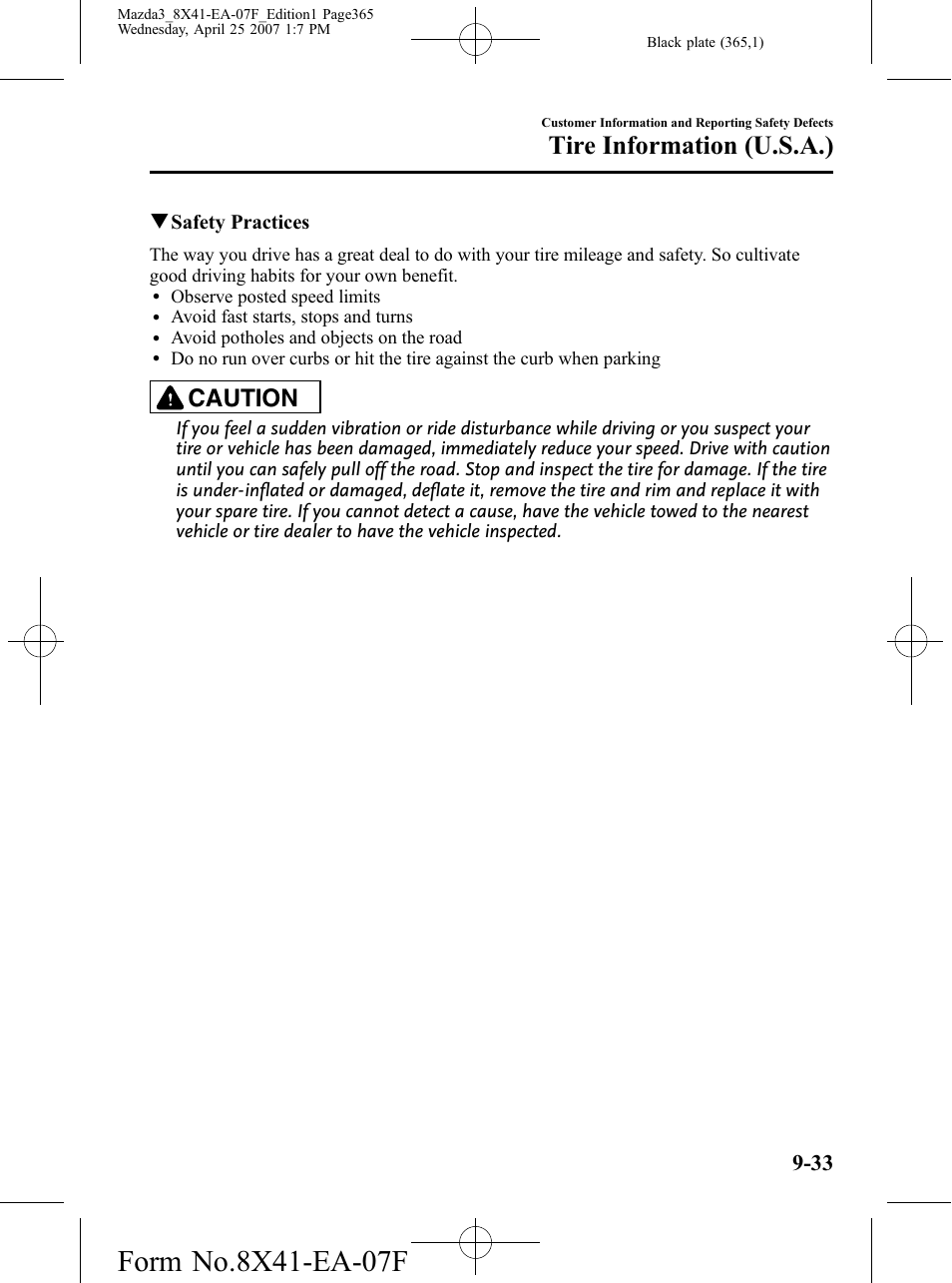 Tire information (u.s.a.), Caution | Mazda 2008 SPEED3 User Manual | Page 365 / 394