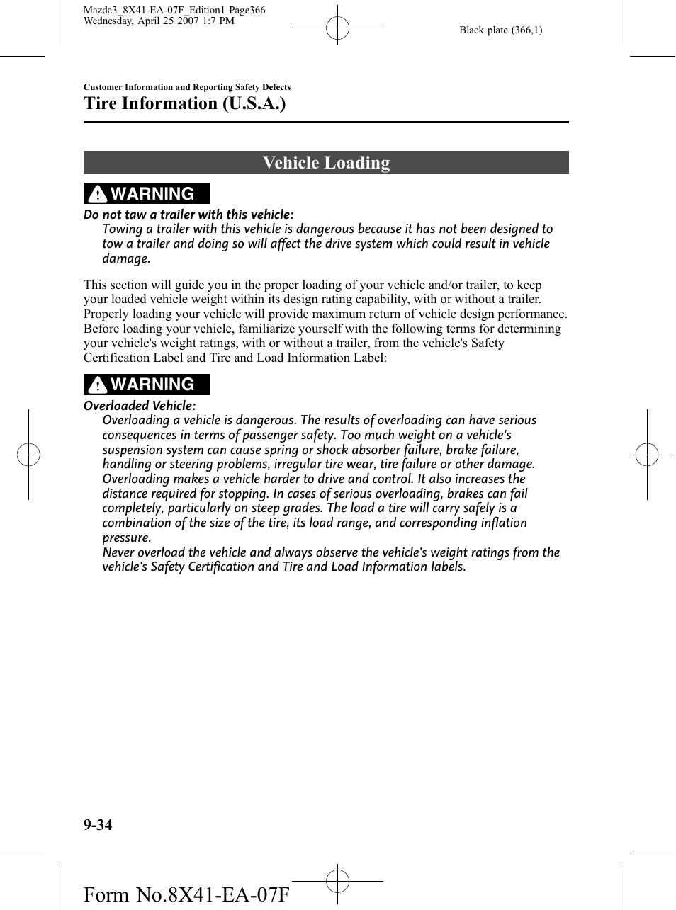 Vehicle loading, Vehicle loading -34, Tire information (u.s.a.) | Warning | Mazda 2008 SPEED3 User Manual | Page 366 / 394