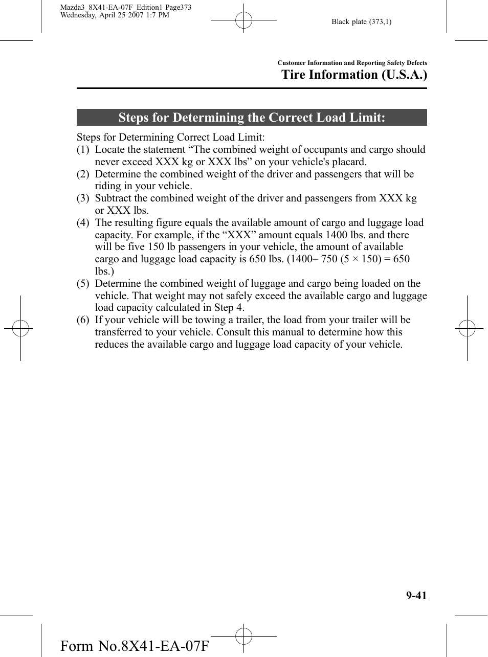 Steps for determining the correct load limit, Steps for determining the correct load limit: -41, Tire information (u.s.a.) | Mazda 2008 SPEED3 User Manual | Page 373 / 394