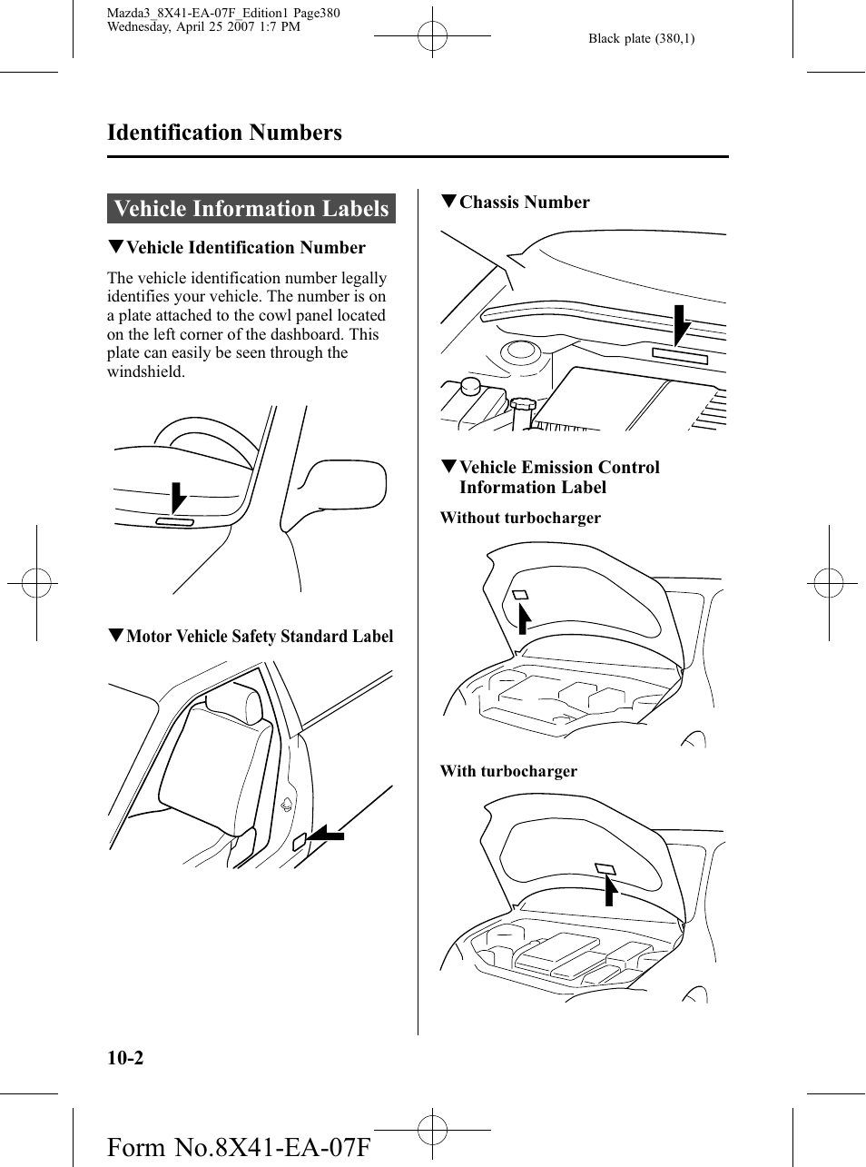 Identification numbers, Vehicle information labels, Identification numbers -2 | Vehicle information labels -2 | Mazda 2008 SPEED3 User Manual | Page 380 / 394