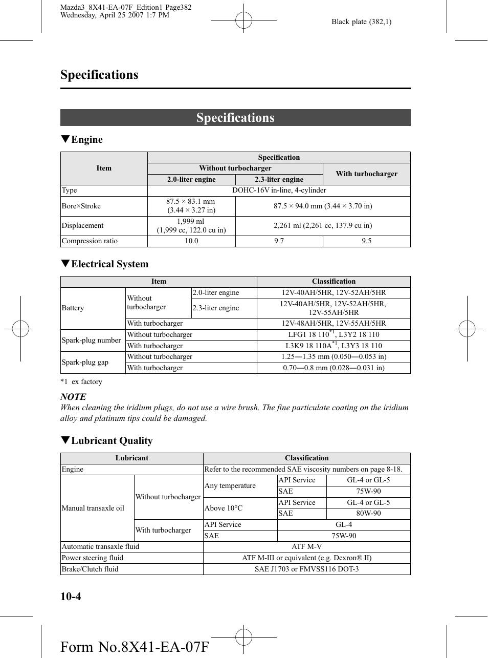 Specifications, Specifications -4, Qengine | Qelectrical system, Qlubricant quality | Mazda 2008 SPEED3 User Manual | Page 382 / 394