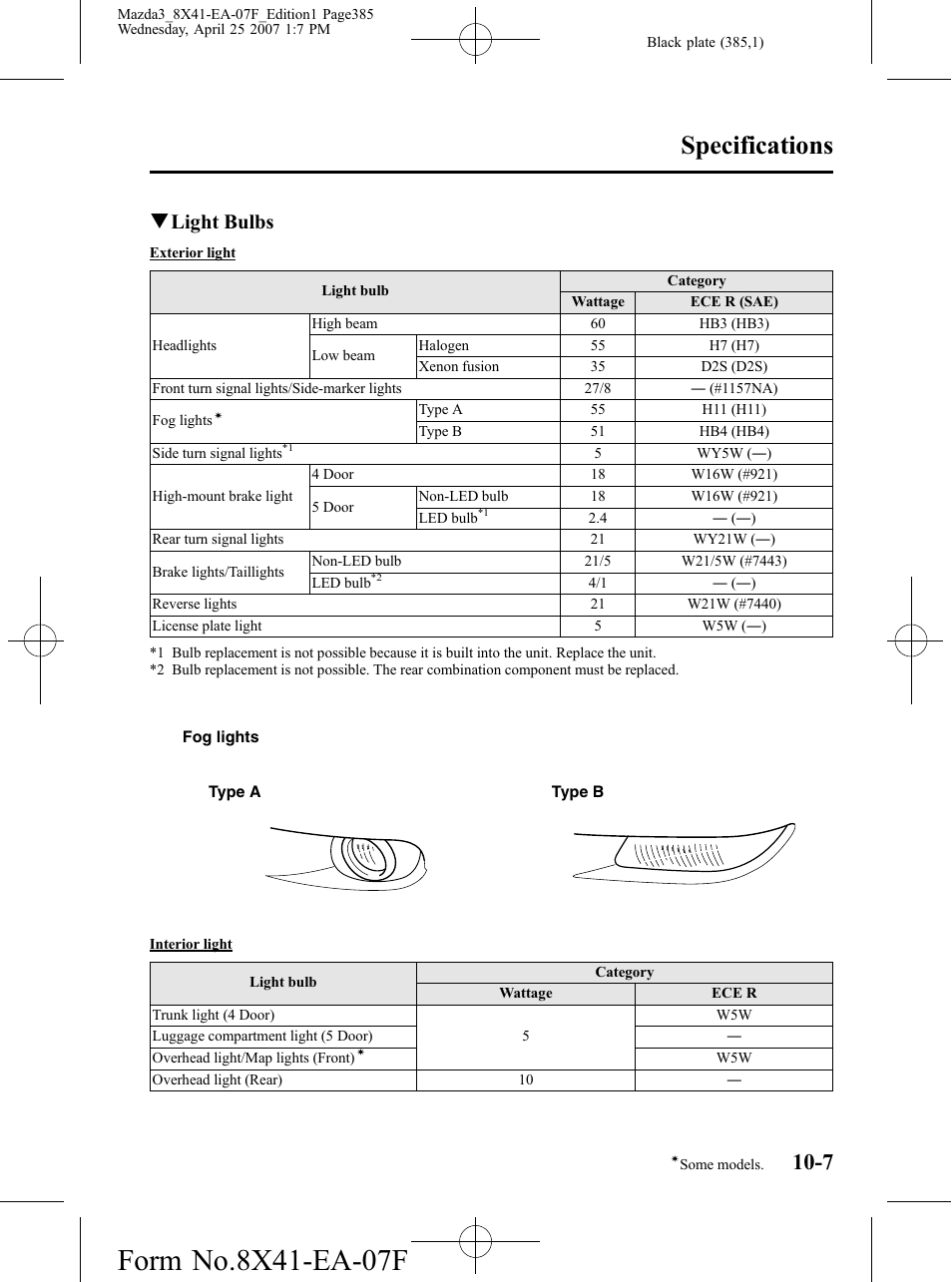 Specifications, Qlight bulbs | Mazda 2008 SPEED3 User Manual | Page 385 / 394