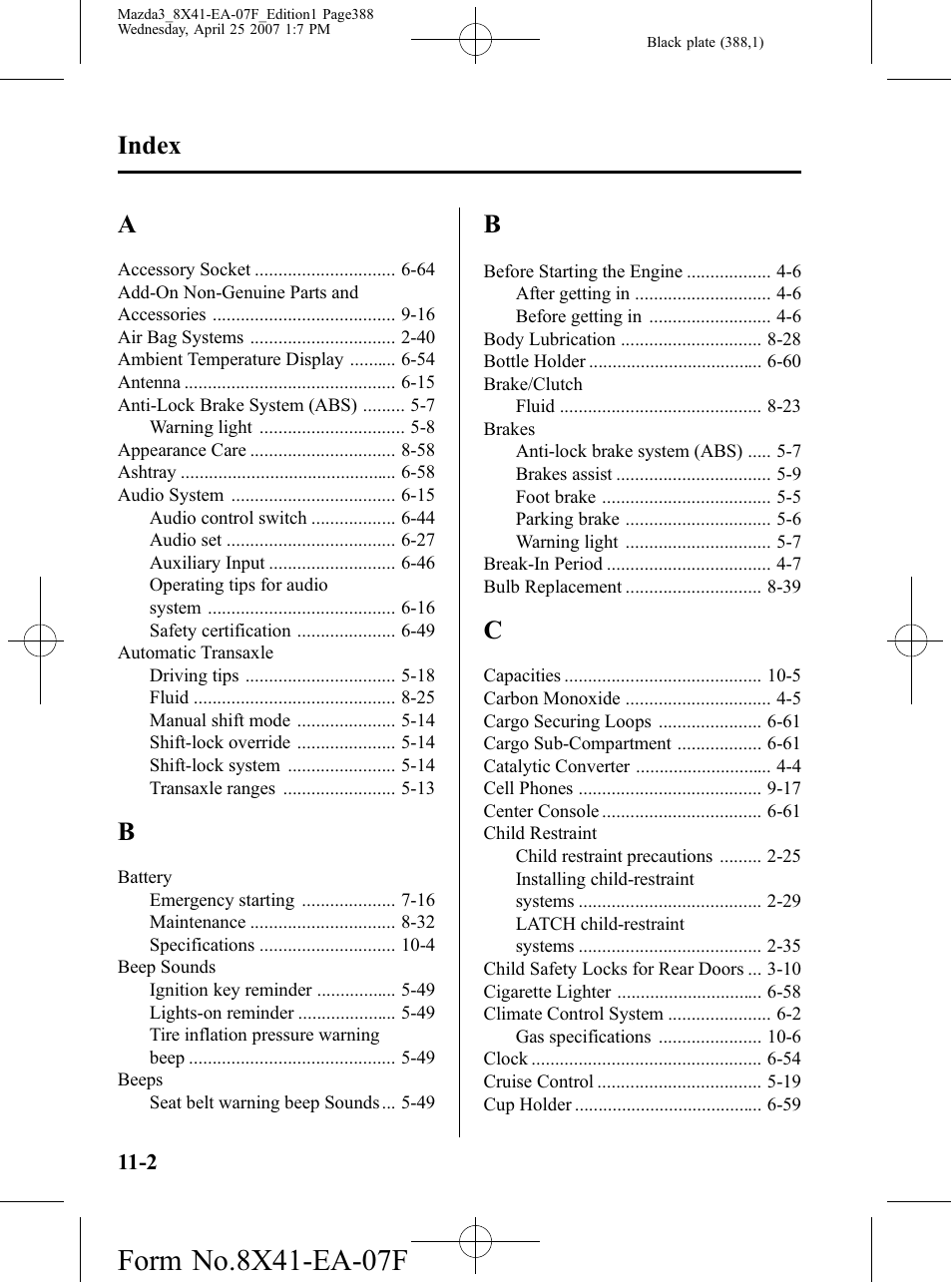 Index | Mazda 2008 SPEED3 User Manual | Page 388 / 394
