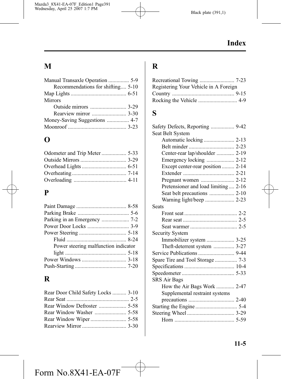 Index | Mazda 2008 SPEED3 User Manual | Page 391 / 394