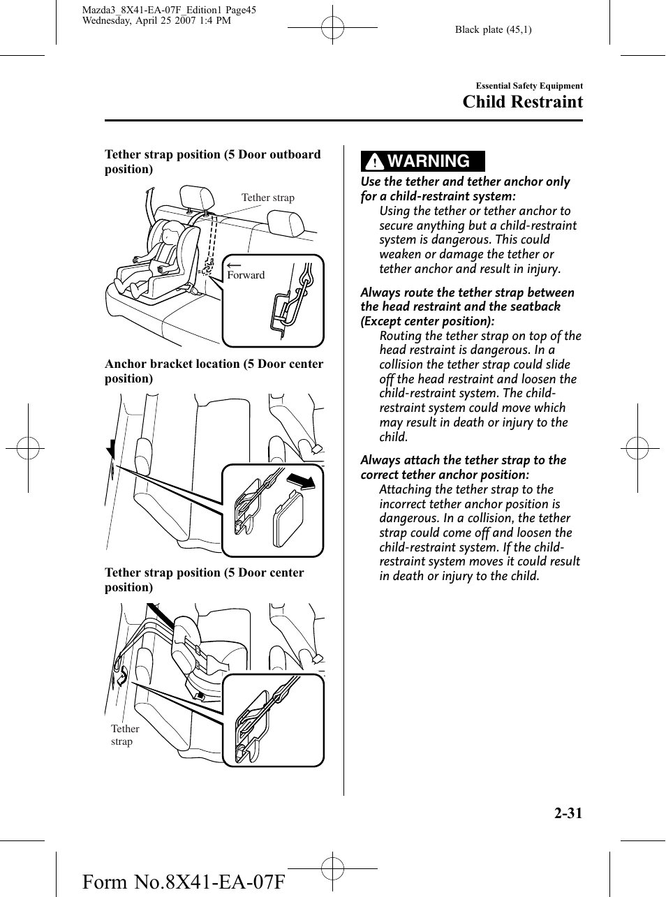 Child restraint, Warning | Mazda 2008 SPEED3 User Manual | Page 45 / 394