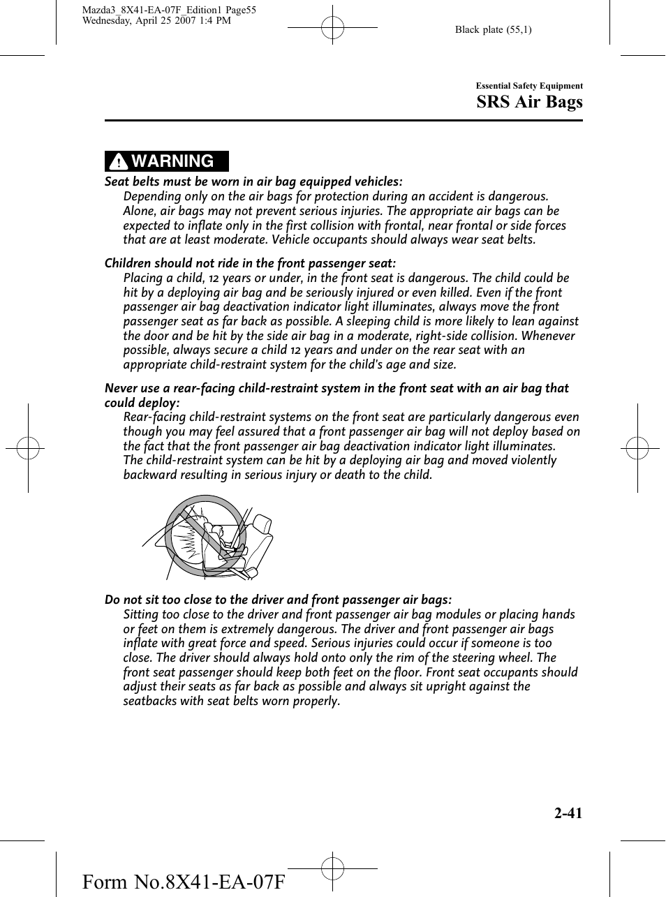 Srs air bags, Warning | Mazda 2008 SPEED3 User Manual | Page 55 / 394