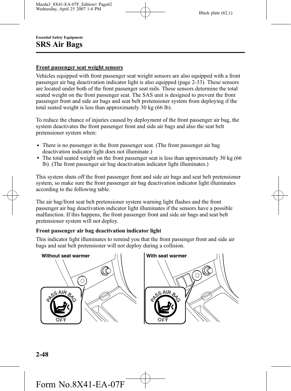 Srs air bags | Mazda 2008 SPEED3 User Manual | Page 62 / 394