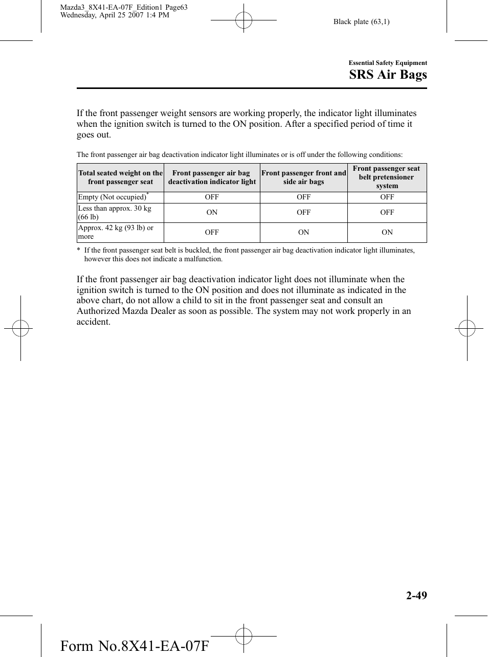 Srs air bags | Mazda 2008 SPEED3 User Manual | Page 63 / 394