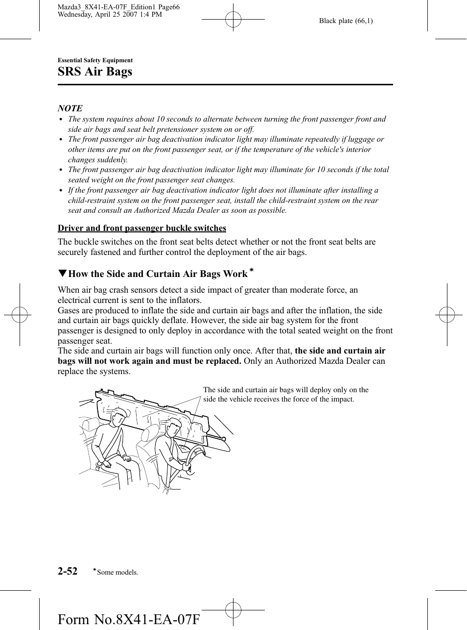 Srs air bags, Qhow the side and curtain air bags work | Mazda 2008 SPEED3 User Manual | Page 66 / 394