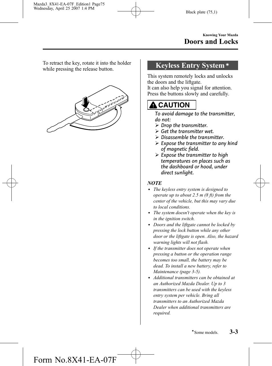 Keyless entry system, Doors and locks, Caution | Mazda 2008 SPEED3 User Manual | Page 75 / 394