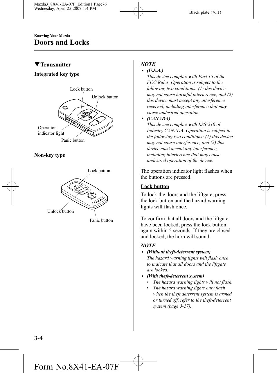 Doors and locks, Qtransmitter | Mazda 2008 SPEED3 User Manual | Page 76 / 394