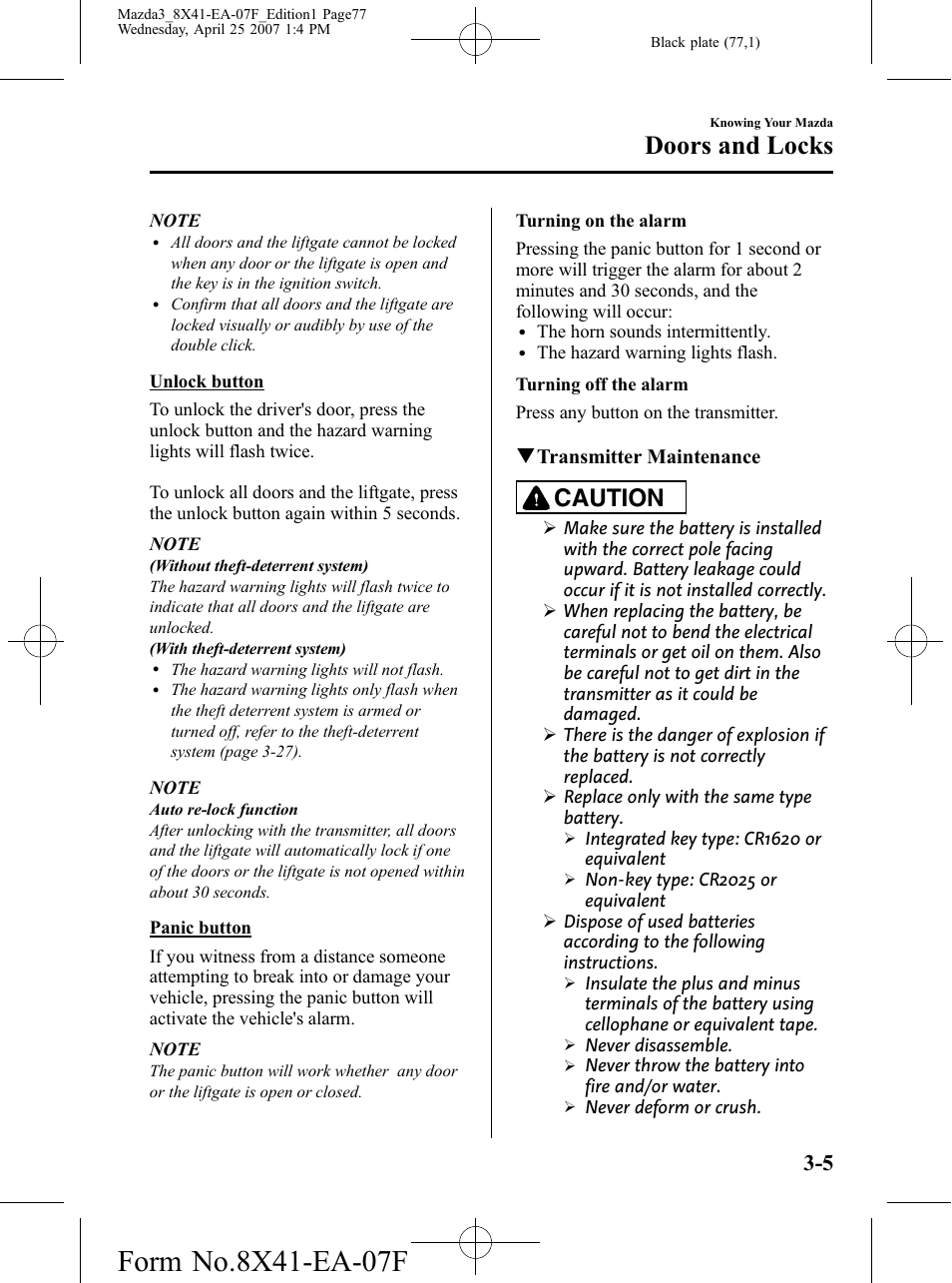 Doors and locks, Caution | Mazda 2008 SPEED3 User Manual | Page 77 / 394