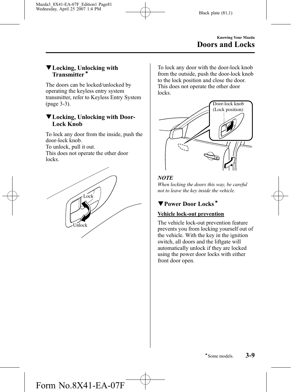 Doors and locks | Mazda 2008 SPEED3 User Manual | Page 81 / 394