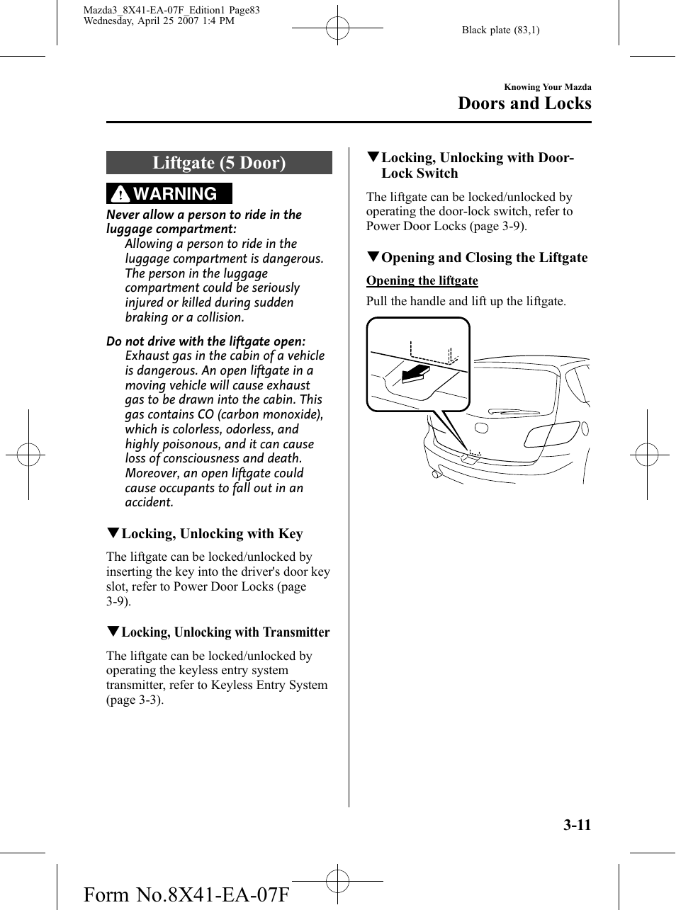 Liftgate (5 door), Liftgate (5 door) -11, Doors and locks | Warning | Mazda 2008 SPEED3 User Manual | Page 83 / 394