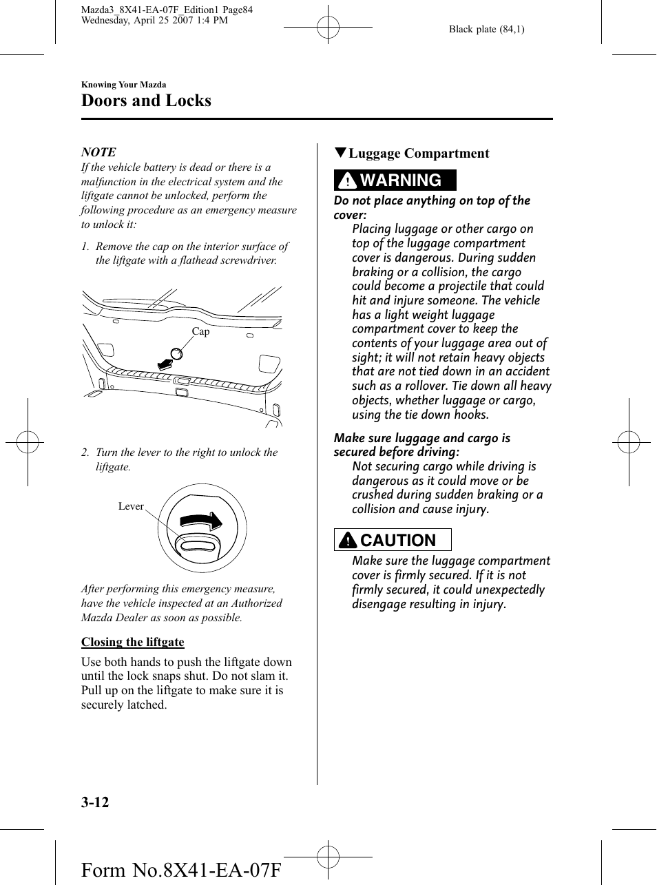 Doors and locks, Warning, Caution | Mazda 2008 SPEED3 User Manual | Page 84 / 394