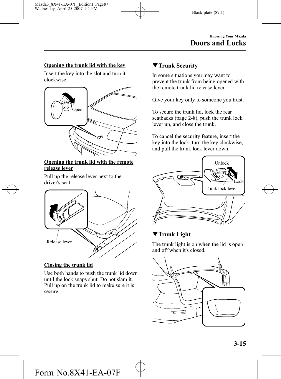 Doors and locks | Mazda 2008 SPEED3 User Manual | Page 87 / 394